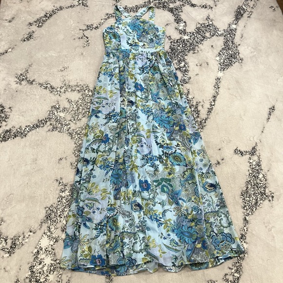 Lulus Dresses & Skirts - Lulus Blue Floral Maxi Dress Sleeveless Cross Back Empire Waist Size Small